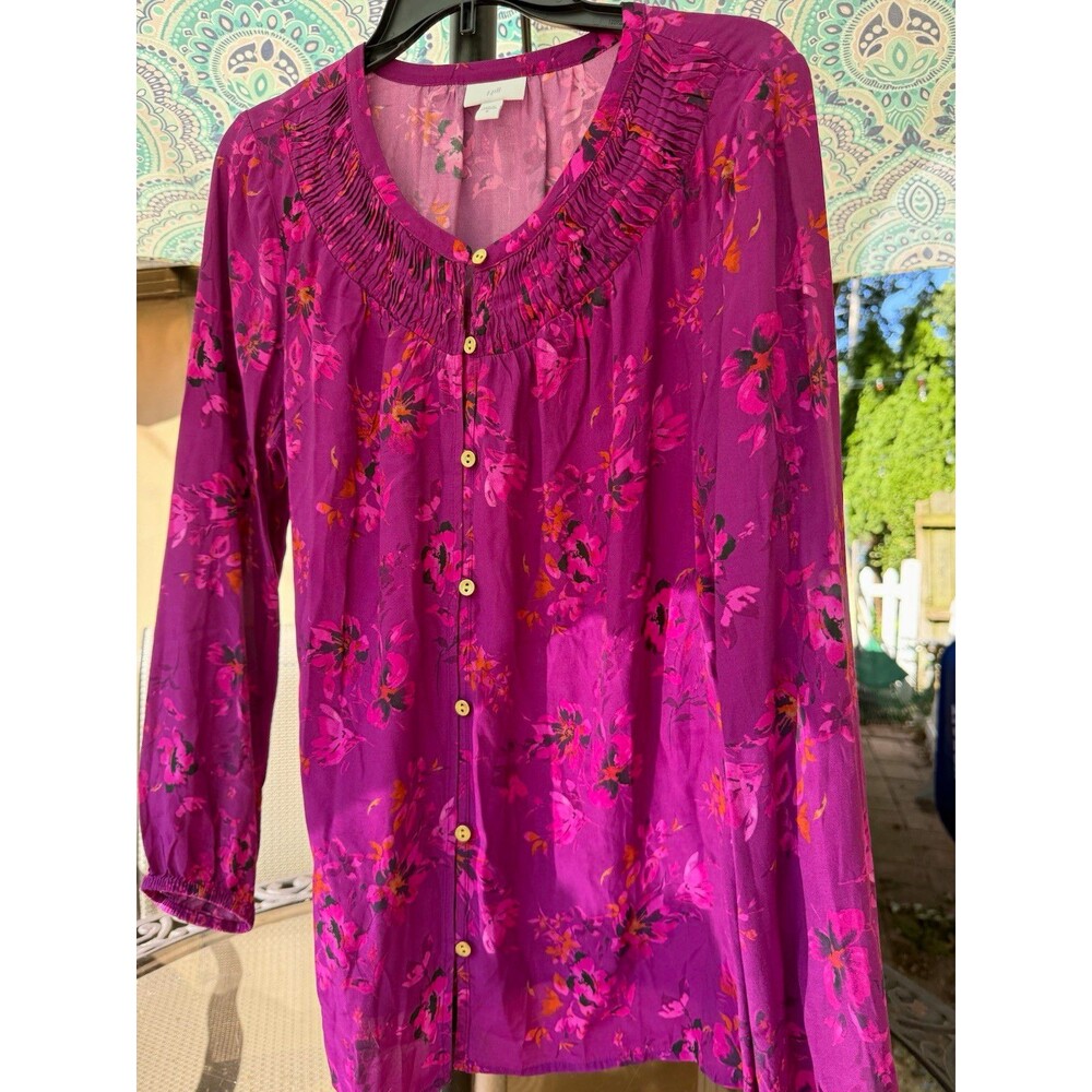 J.Jill Women’s M Magenta Pink Floral Pintuck Tunic Blouse Rayon Button Front